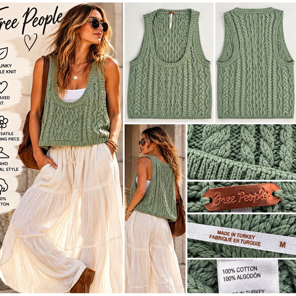 Free People Cable Knit Sweater Vest M Sage Green Boho Cotton Cottagecore